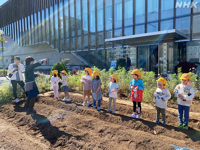 2023年10月　菜の花のたねまきをする保育園児たち