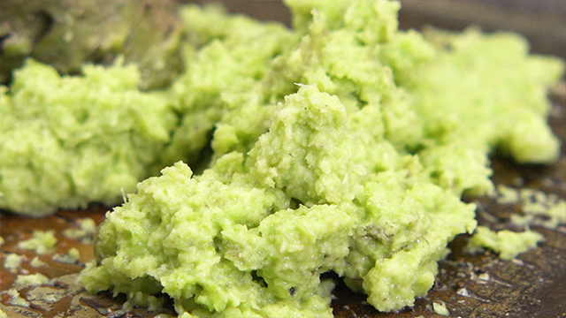 Finally, a dollop of grated wasabi. Besides having a distinctive kick, freshly grated wasabi is sweet and fragrant. 