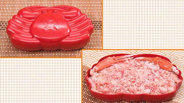 This specialty crab bento comes in a crab-shaped box and is packed with crab meat.