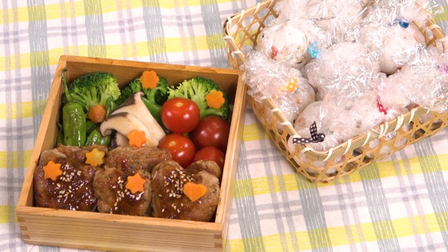 The bento is packed with cute heart-shaped miso meatballs that are bursting with barley miso flavor! 