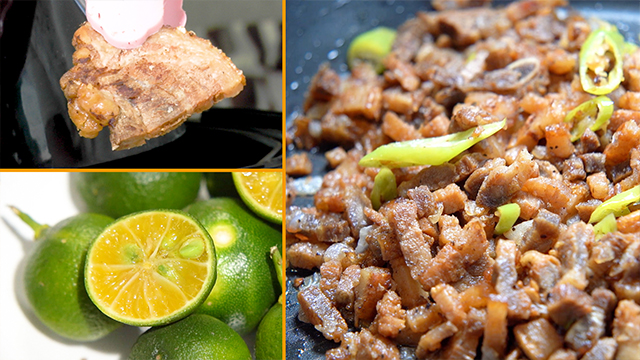 He starts off by frying boiled pork belly so that it’s crunchy on the outside but juicy on the inside. He then chops it up and stir-fries it together with onions, mayonnaise, and juice from calamansi, a citrus fruit widely used in Filipino cuisine. The tangy juice pairs well with the rich umami of pork.