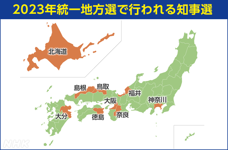 知事選挙は、北海道、神奈川、福井、大阪、奈良、鳥取、島根、徳島、大分の9道府県