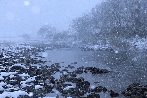 清流高津川の雪景色