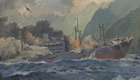 大久保絵画「ガダルカナル島にて空爆を受け炎上する『九州丸』」