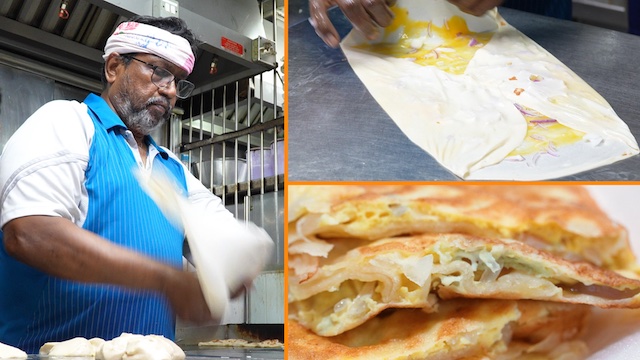 At the market, many hawkers serve Indian dishes. One of the most popular is paratha, a fried flatbread. The thin, flour-based dough is topped with eggs and onions or other vegetables, then folded and cooked.  The outside is crispy, and the inside is soft and fluffy. It's a classic Indian favorite.  