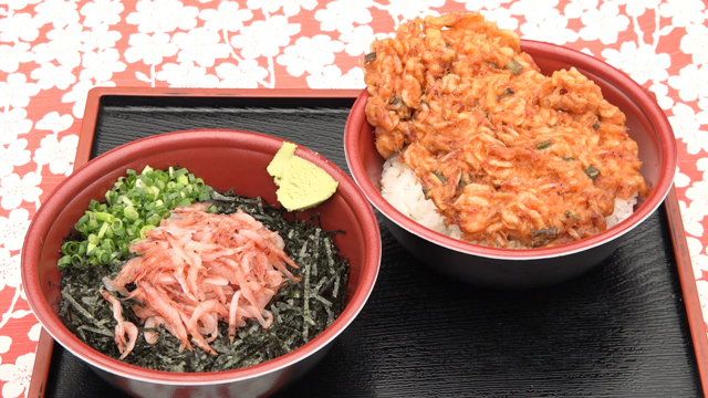 One of the specialty bentos is a bowl of rice topped with nori and a huge serving of freshly caught cherry shrimp, which are sweet and full of flavor. The other signature bento features fritters made with sakura ebi. The fritters are dipped in a sweet and savory sauce and placed over rice to make a crisp and fragrant bento.