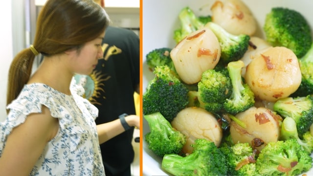 Today Mei and her brother Ki are going to use this sauce to make a bento for their mom. Mei is making the main dish of stir-fried fresh scallops and broccoli, seasoned with nothing but the flavorful and spicy XO sauce. A double scallop dish.
