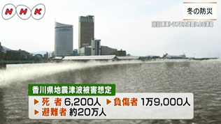 香川県地震津波被害想定では、死者6,200人、負傷者1万9,000人、避難者約20万人が想定されています。